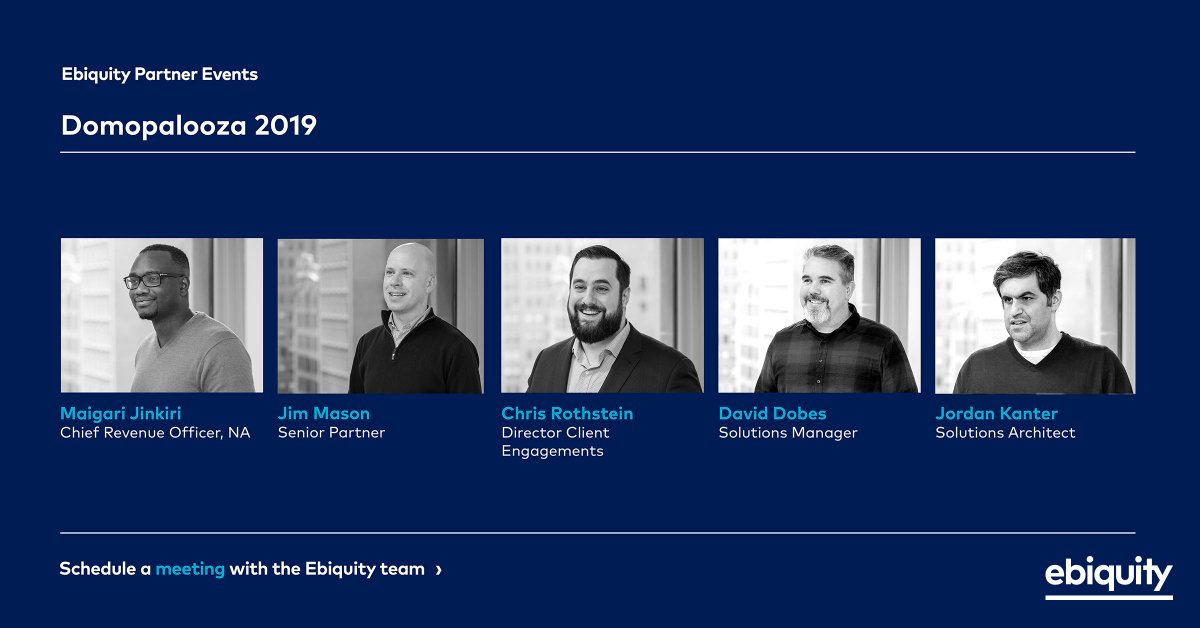 jikanter's tweet photo. We at @ebiquityglobal are glad to be a sponsor of the upcoming #Domopalooza 2019 as a @Domotalk Certified Partner! Meet our team Maigari Jinkiri, Jim Mason, Chris Rothstein, David Dobes, &amp; myself (Jordan Kanter) onsite at booth # 1! 
Schedule a meeting: https://t.co/LnMsn4nBOl https://t.co/oFHxZndlL1