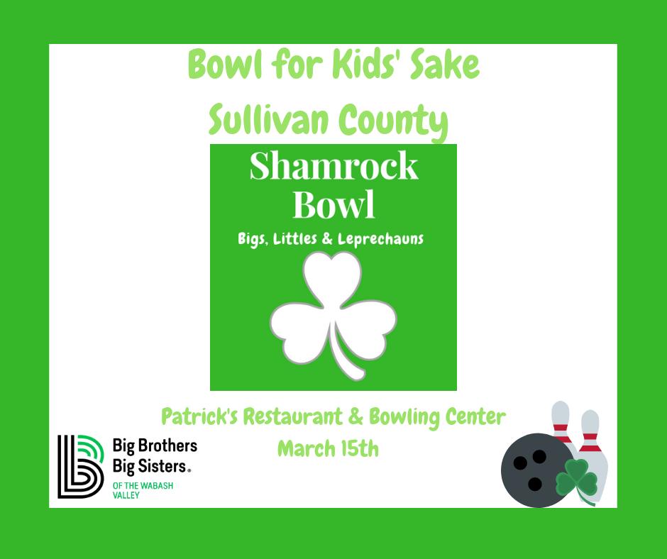 CASYTerreHaute's tweet photo. It's time! Lace up your bowling shoes &amp; wear some green, it's time for 'Shamrock Bowl' in Sullivan County! Stop by Patrick's Bowling Center tonight and help support our @bbbsvalley Bowl for Kids' Sake fundraiser! We still have spots available from 9pm - 11:30pm! 🎳☘️ https://t.co/7ql5rivMil