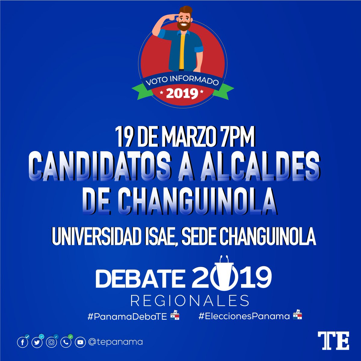 ¡Prepárate Bocas del Toro, inician los Debates Regionales! El martes 19 de marzo debaten los candidatos a Alcalde de Changuinola, a las 7:00 pm en <a href="/ISAEUniversidad/">ISAE UNIVERSIDAD</a> sede Changuinola. ¡Participa con nosotros o sigue la transmisión en vivo por nuestras redes sociales!#PanamáDebaTE