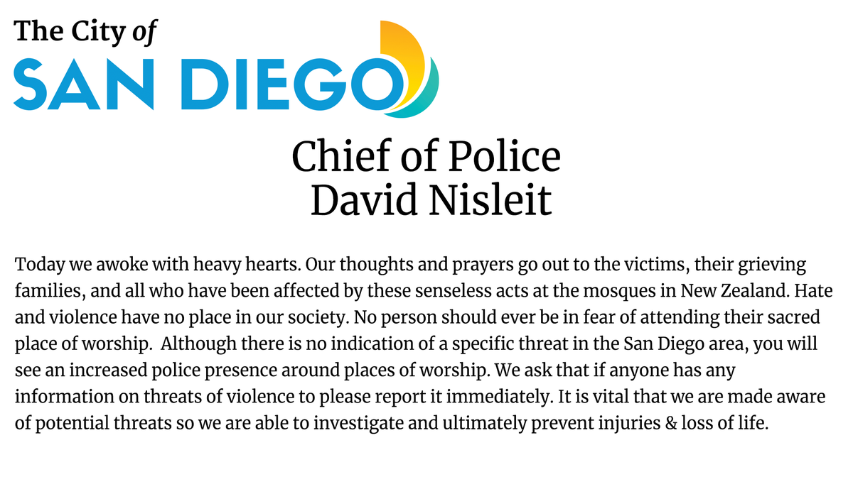 ChiefNisleit's tweet photo. We are all saddened by the tragedy in #NewZealand. Please see my full statement below. https://t.co/HEs9vIO8WY