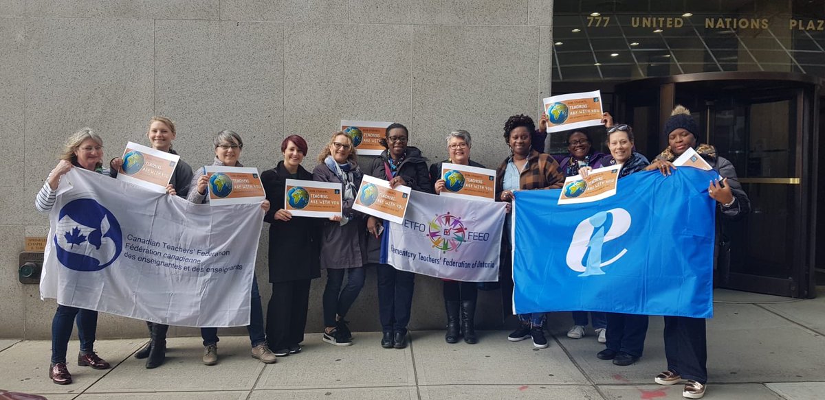 UnionCSW's tweet photo. In a united action with students, #CSW63 delegates including unions and educators are at the climate change action! Together we are here to support students and a better future as we march for climate justice #UNCSW63 https://t.co/Wyt1wkPo55
