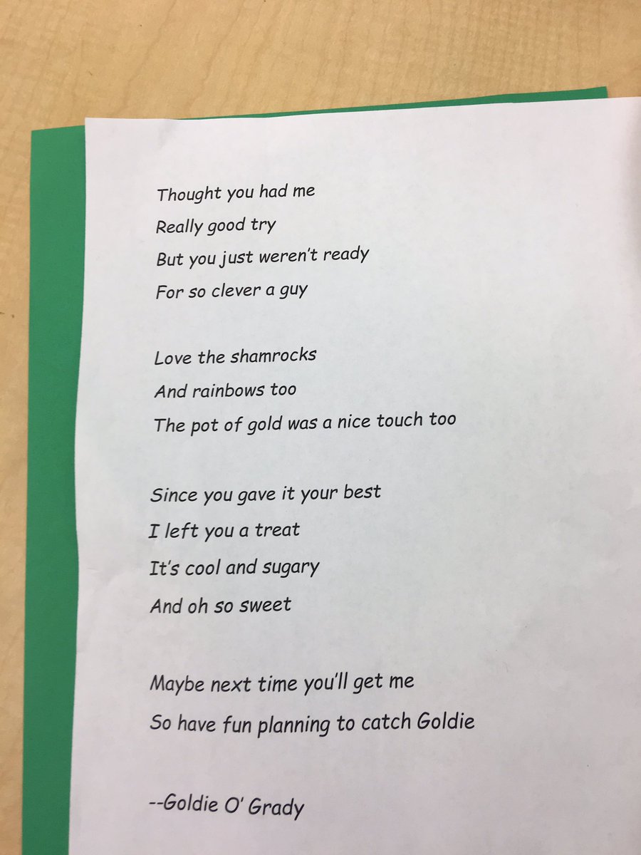 PaulRobesonNBPS's tweet image. The Leprechaun, Goldie O’Grady invaded a #Grade2 classroom last night. He evaded the students’ trap but left Green Milk, Green Cookies and a poem. Students notified their teachers &amp;amp; Secury. Students are writing about what happened during today’s ELA #PRCSArts #AllIn4NB ☘️ 🌈