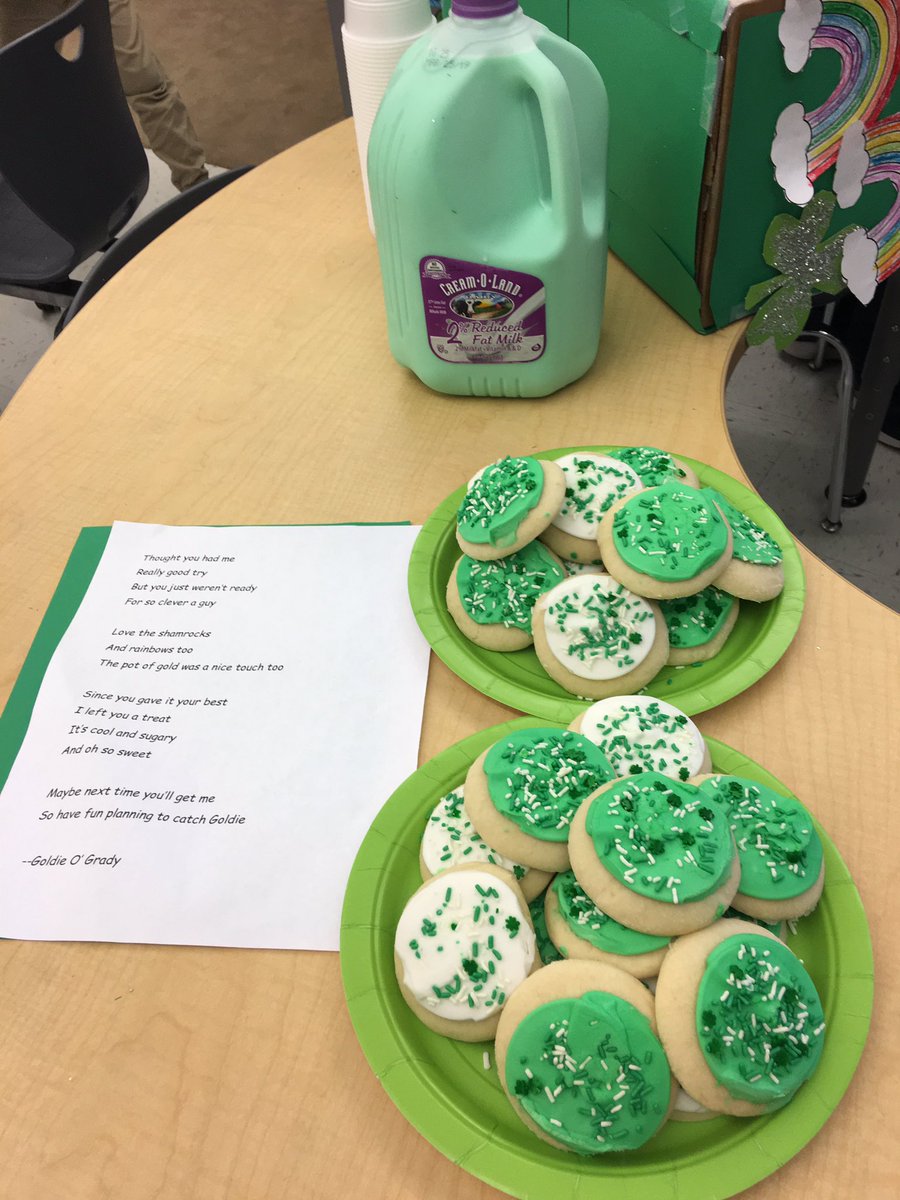 PaulRobesonNBPS's tweet image. The Leprechaun, Goldie O’Grady invaded a #Grade2 classroom last night. He evaded the students’ trap but left Green Milk, Green Cookies and a poem. Students notified their teachers &amp;amp; Secury. Students are writing about what happened during today’s ELA #PRCSArts #AllIn4NB ☘️ 🌈