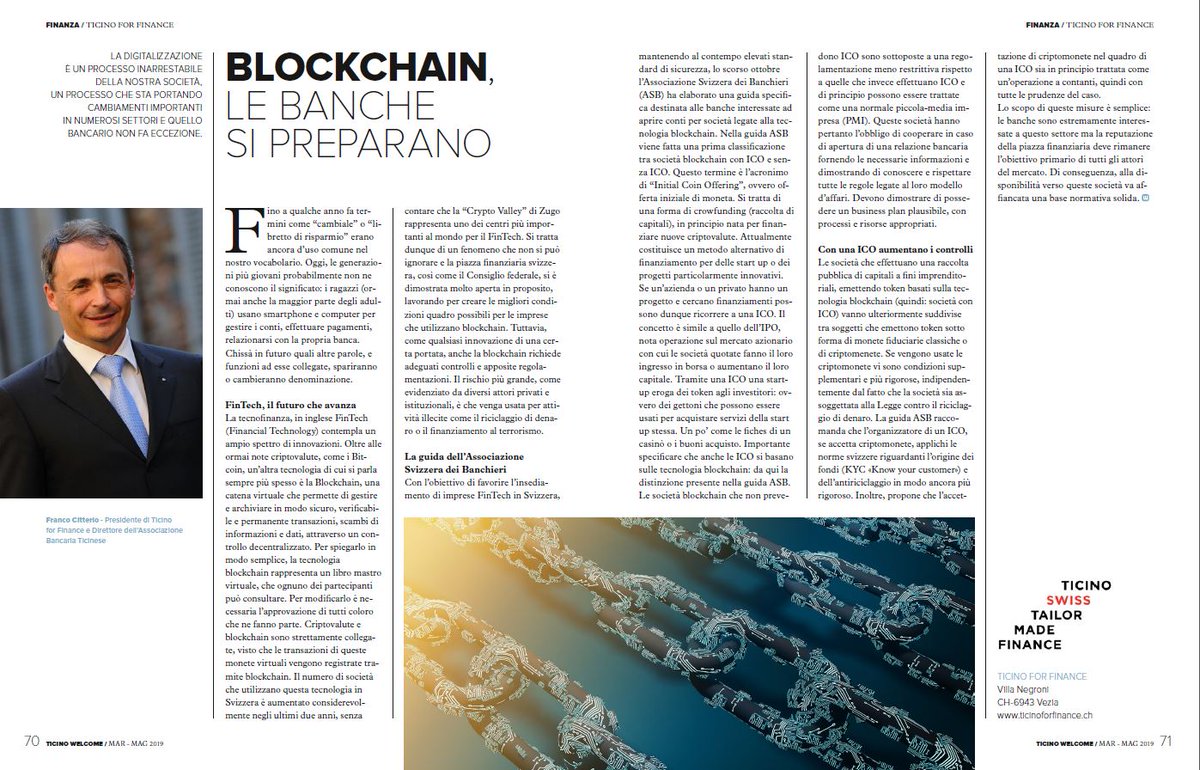 Il Presidente di Ticino For Finance Franco Citterio sottolinea l'importanza della tecnologia blockchain e le opportunità per le banche, con un accento sul lato normativo. L'articolo pubblicato su <a href="/ticinowelcome/">ticinowelcome</a>