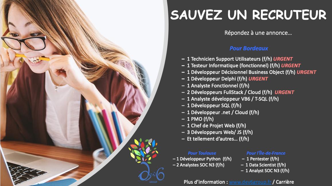 Dev6Group's tweet photo. La campagne "SAUVEZ UN RECRUTEUR" est ouverte. 
Pour plus d'info c'est ici => https://t.co/TQvFZDNJEz https://t.co/fY8TkkHlRI