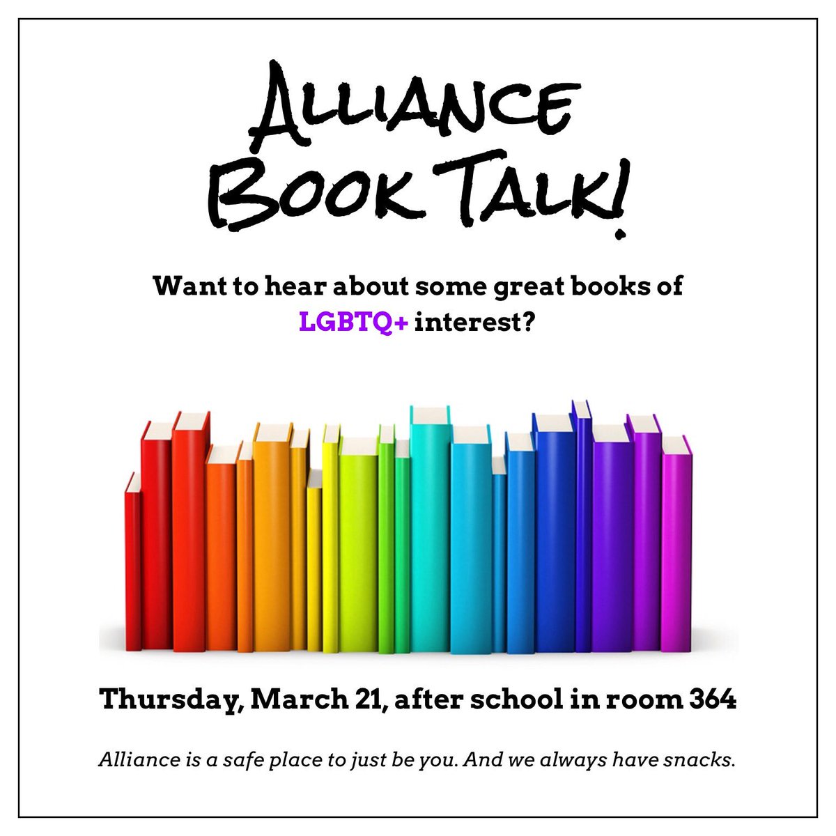 Need some good spring break reading material? Come to the next Alliance meeting to hear all about some great reads. Presented by Ms. Pausch from @LFHSlibrary! Thursday, March 21, after school in room 364. #lgbtq #lgbtqteens #booktalk #justbeyou #gsa #lfleadstheway