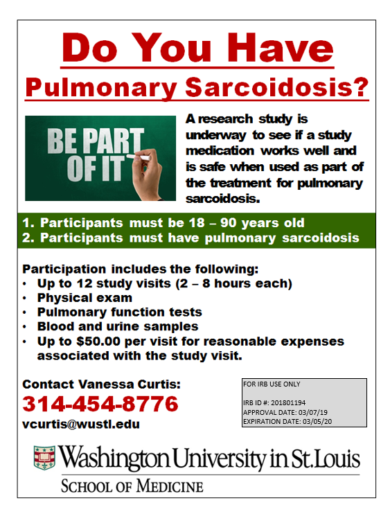 Do you have #pulmonarysarcoidosis? A research study is underway to see if a study medication works well and is safe when used as part of the treatment for pulmonary sarcoidosis. Contact 314-454-8776 or vcurtis@wustl.edu.
