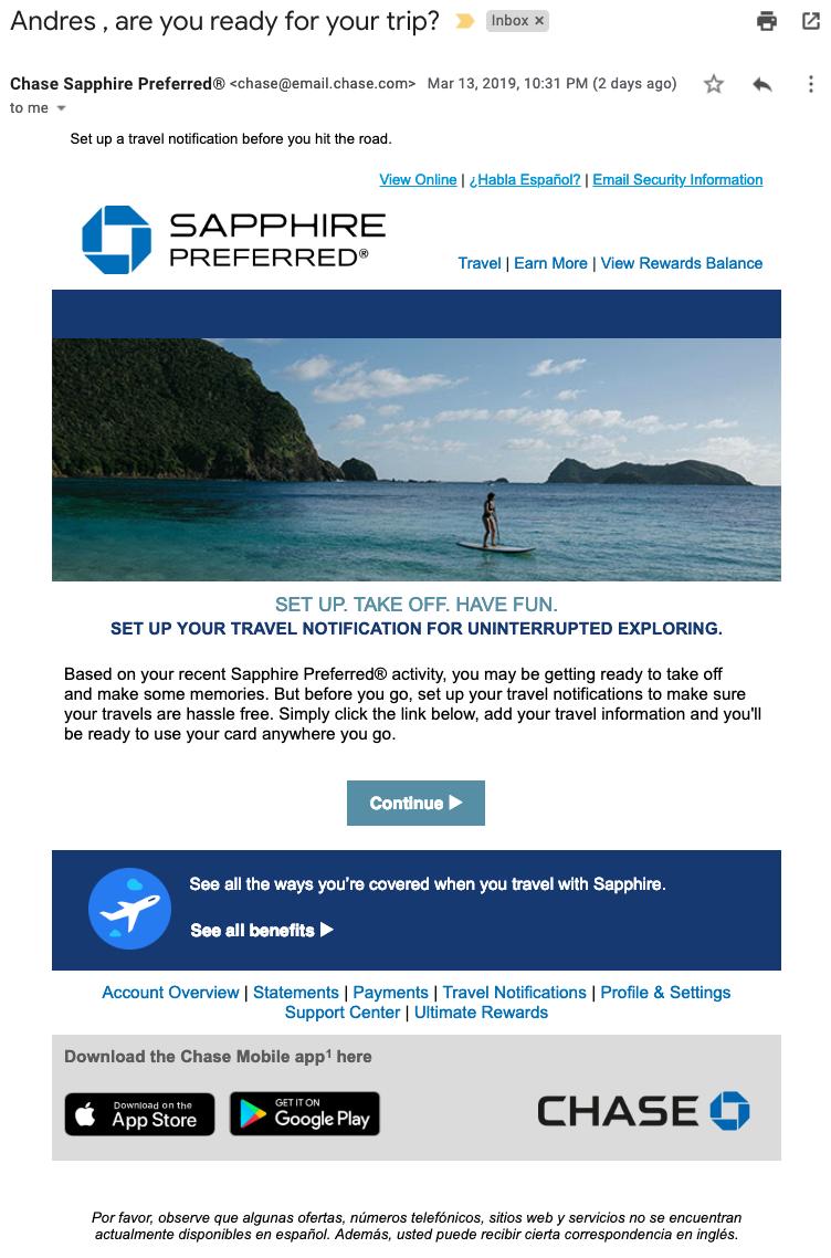 trevinoandy's tweet photo. Adding up @Chase's misses w/this #BadEmail. It's:
- Late: I'm back
- Creepy: I didn't book travel thru them
- Useless: travel notice is not required w/Sapphire
- Disconnected: I've had the Chase app for years
- ¿Partly in poorly-written Spanish?
@Braze can help make this better! https://t.co/jUAsXu4Uil