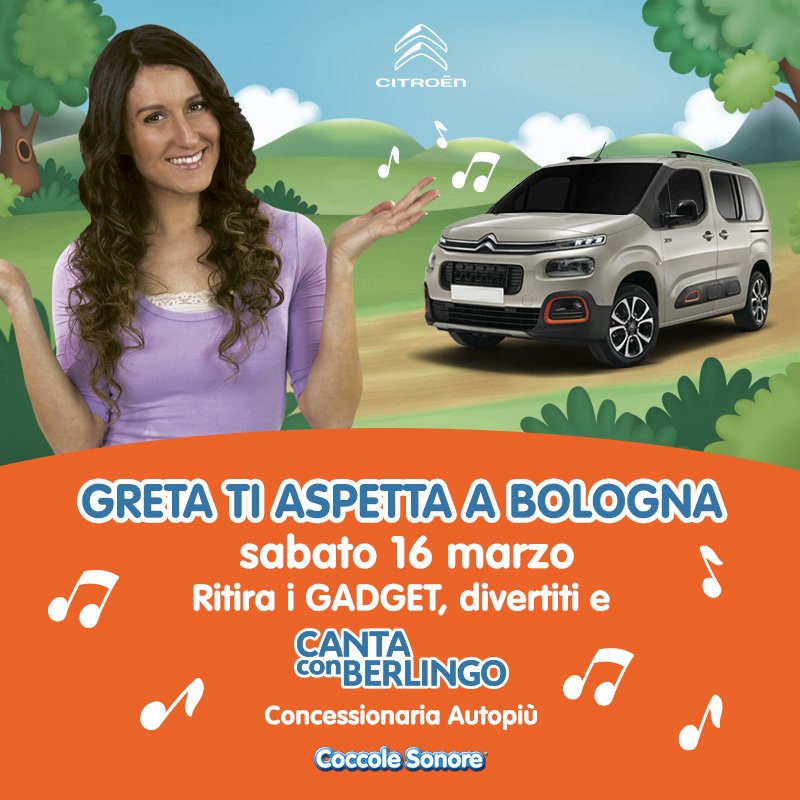 Divertiti a cantare le canzoncine 🎼 di #CoccoleSonore insieme a Greta e a "Canta con Berlingo"! Ti aspettiamo 📅 sabato 16 marzo📍 a BOLOGNA alla Concessionaria Autopiù - Piazza VII Novembre 1944, 8. Vai sul sito, iscriviti e assicurati i gadget!