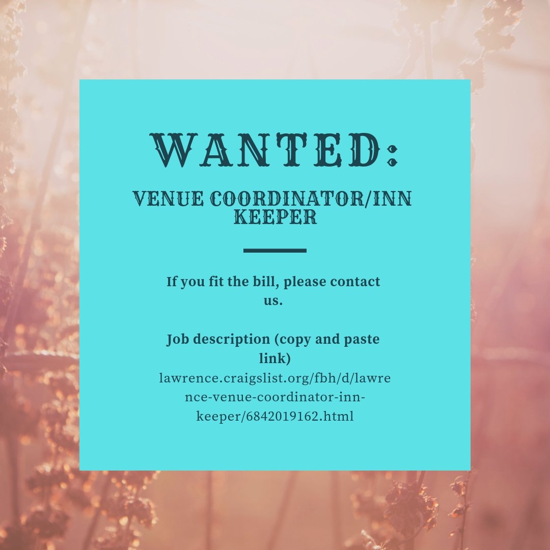 CircleSRanch_KS's tweet photo. **NOW HIRING** Venue Coordinator/Inn Keeper to augment the current staff. See attached link with the job description and if you are a good fit, give us a call! https://t.co/Fk6JHAXSaT https://t.co/k1u8GNiGtF