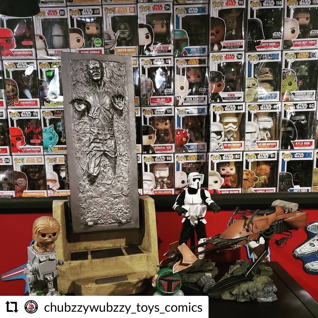 #RepostPlus @chubzzywubzzy_toys_comics
- - - - - -
Chubzz' Collection
#HanSoloInCarbonite #Chewy #FunkoPops #74-ZSpeederBike
#ScoutTrooperHelmet 
#ChubzzyWubzzyToys&Comics