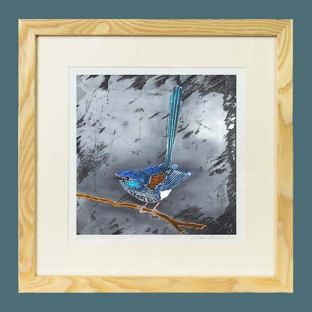 king_therese's tweet photo. These exquisite, little long tailed blue wrens, or fairy wrens, live in Australia. This batik painting, with its grey and black, crackle background, was a commission for an Australian lady. Visit my website to purchase a fine art limited edition print #fairywren #bluewren https://t.co/PpM6E33FtL