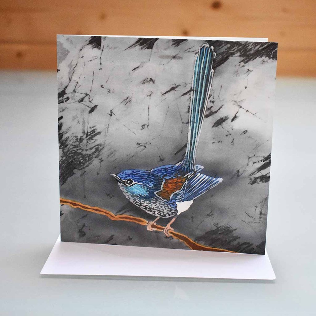 king_therese's tweet photo. These exquisite, little long tailed blue wrens, or fairy wrens, live in Australia. This batik painting, with its grey and black, crackle background, was a commission for an Australian lady. Visit my website to purchase a fine art limited edition print #fairywren #bluewren https://t.co/PpM6E33FtL
