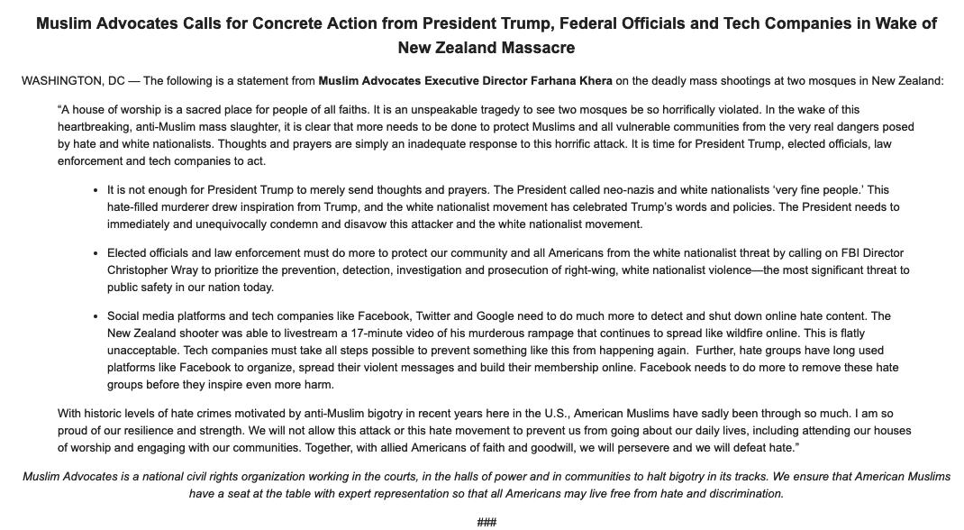 Thoughts &amp; prayers are not enough to respond to the #NewZealandShooting. It is time for concrete action. 

The President must disavow white nationalism &amp; this attack.

The FBI must prioritize hate violence.

Tech companies must prevent the streaming/spreading of these videos.