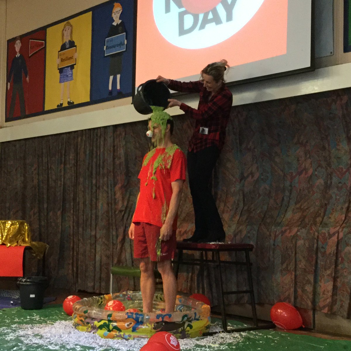 castleparksch's tweet photo. Castle Park School in Kendal had an incredible assembly with 6 staff members being #gunged in mushy peas, spaghetti, weetabix, rice pudding, custard and porridge.  We have raised a fabulous £840! @comicreliefsch #comicrelief2019 https://t.co/lRIcUbl5CS