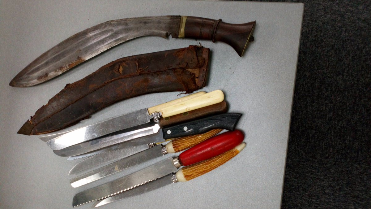 PoliceRuncorn's tweet photo. A concerned Grange resident was unhappy keeping these old knives at her house, so they are going in the Op Sceptre bin for disposal.
#OpScepter #knivestakelives https://t.co/5xaqFKGAMl