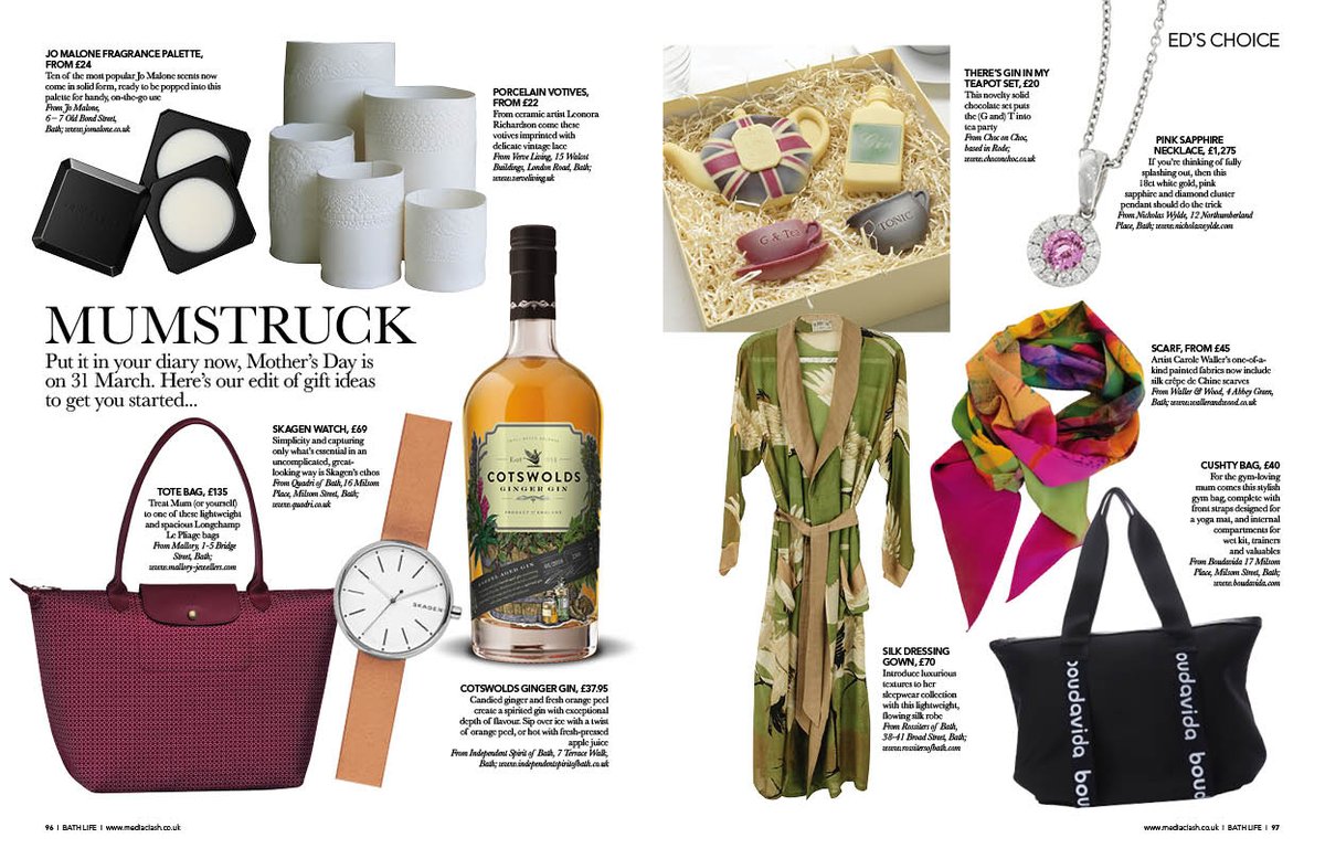 Bath Life (@bathlifemag) on Twitter photo Aside from the <a href="/BathLifeAwards/">Bath Life Awards</a>, our other main theme in the new issue is Mother's Day. Here's our edit of gift ideas to get you started...
issuu.com/mediaclash/docā¦
<a href="/bathindiechat/">Bath Indie Chat</a>
<a href="/WallerandWood/">Waller&Wood</a>
@carolewaller
@boudavida
<a href="/RossitersofBath/">Rossiters of Bath</a>
<a href="/visitbath/">Visit Bath</a> Aside from the <a href="/BathLifeAwards/">Bath Life Awards</a>, our other main theme in the new issue is Mother's Day. Here's our edit of gift ideas to get you started...
issuu.com/mediaclash/docā¦
<a href="/bathindiechat/">Bath Indie Chat</a>
<a href="/WallerandWood/">Waller&Wood</a>
@carolewaller
@boudavida
<a href="/RossitersofBath/">Rossiters of Bath</a>
<a href="/visitbath/">Visit Bath</a>