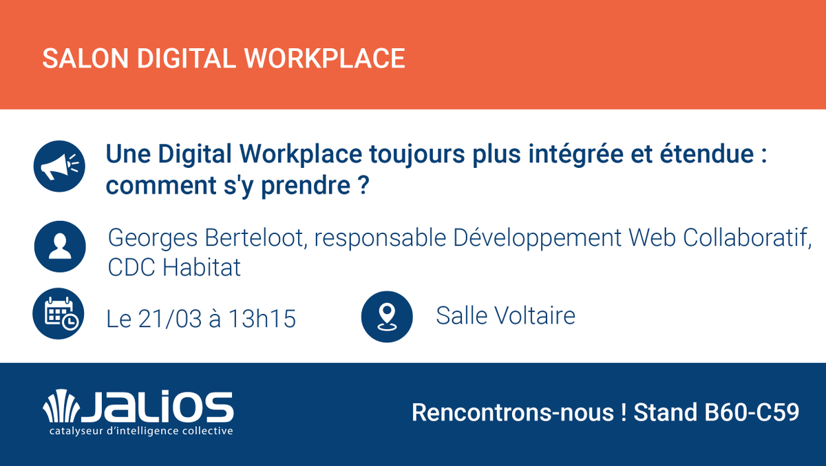 Jalios's tweet photo. | Salon Digital Workplace |
Paris, 19-21 mars
Participez à la table ronde « Une #digitalworkplace toujours plus intégrée et étendue: comment s’y prendre ? », lors du @SalonIntranetRS avec le témoignage de la @CDC_Habitat par @tiger_georges.
👉https://t.co/JnV4SAyzUv 
#TransfoNum https://t.co/BTUqVd5xF7