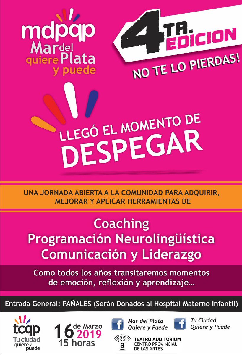 En el día de mañana, se llevará a cabo la cuarta edición de Mar del Plata Quiere y Puede en la sala Payró del Teatro Auditorium. La entrada es un paquete de pañales que será donado al Hospital Materno Infantil de la ciudad. 

eventbrite.com.ar/e/mar-del-plat…