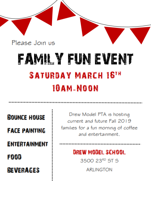APSDrew's tweet photo. Family Fun with @drewmodelpta @APSDrew @APSVirginia Saturday, March 16th from 10AM - 12 Noon #engageaps #drewpta https://t.co/hx1eHK2KCt