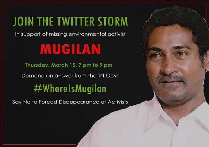 iambongguy's tweet photo. Mr. Mugilan went missing during a train journey from Chennai to Madurai after addressing the media in Chennai regarding the police firing in Thoothukudi during the protests against Sterlite Copper last May, the HRDA said.

#Mugilan 
#WhereIsMugilan https://t.co/kOJyhOkAva