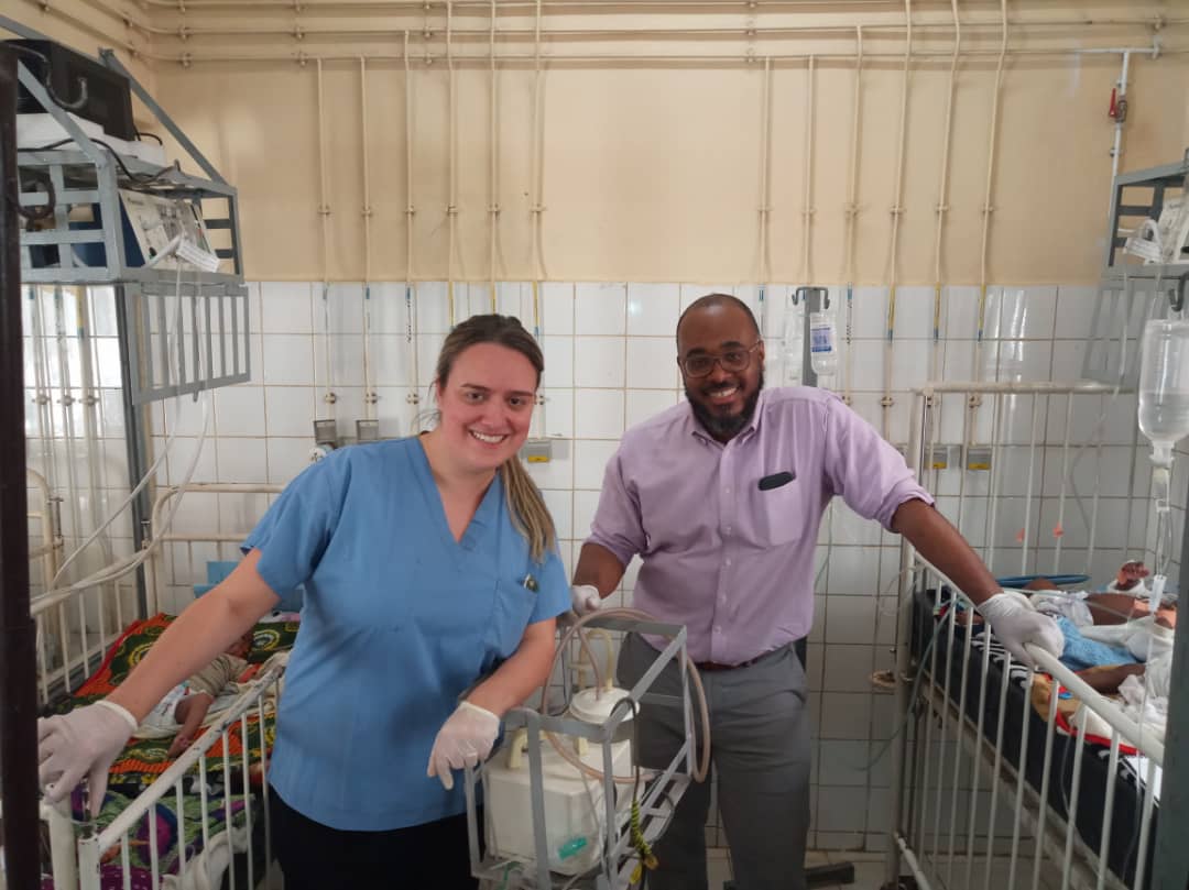 Second-year Critical Care Fellow, Dr. Maria Esobar with Attending Dr. Adrian Holloway deploying bubble CPAP in Mali! #MaliBCPAP #PedsICU #GlobalHealth #CVD #Mali #UniversityofMaryland