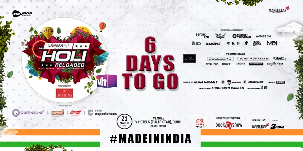 vh1india's tweet photo. We are back with the 7th Edition of #HoliReloadedFestival on 21st March, 2019 at Tulip Star Hotel, Mumbai.. India's Premiere Electronic Dance Music Holi.....An Event by @iam3rdrock &amp; Maple Leaf Entertainment

Book your tickets now at @bookmyshow @ticket_ninja #beyondenough https://t.co/nPAd4Zs0hl