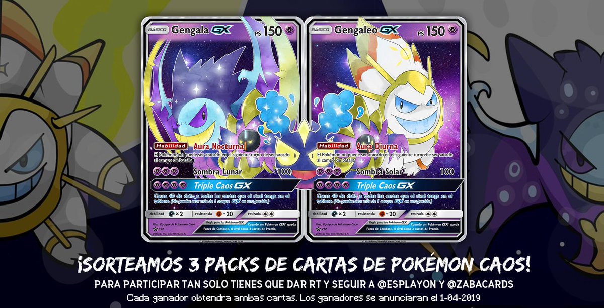 espleisss's tweet photo. ➡️¡¡TENEMOS NUEVO #SORTEO!!⬅️
🔥 ¿Quieres conseguir las nuevas cartas GX de @PokemonCaos? 🔥

❤️Para participar:
-RT al tweet
-Follow a @Esplayon &amp; @ZabaCards 

✨Envíos a todo el mundo 🌍
✨El sorteo termina el 1 de Abril de 2019, suerte a tod@s ^^

👉🏽https://t.co/wyTHTTh3bJ https://t.co/xd39emMjRc