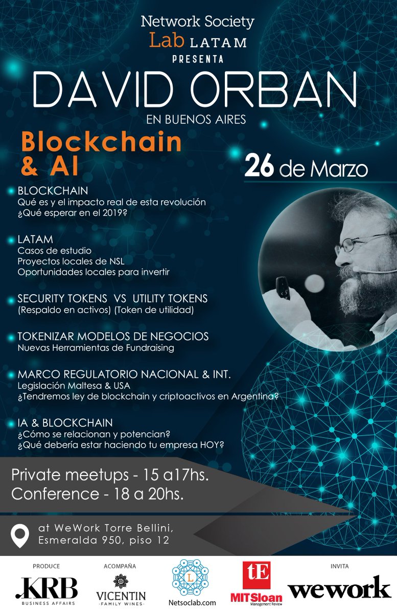 davidorban's tweet photo. I will be traveling to Argentina on March 20th and I'm happy to announce that I will be speaking and #networking in various #events.

Be sure to keep with my posts to learn more.

On March 26th, I will be at @WeWork in Buenos Aires discussing topics such as #AI and #Blockchain. https://t.co/fmQl8fenAp