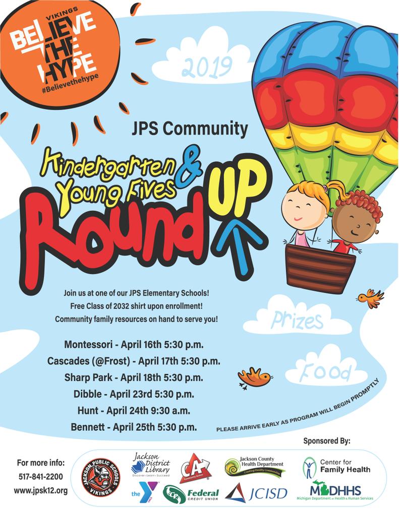 JPS Community Kindergarten and Young Fives Roundup is set for various dates beginning April 16th. Prizes, food and tshirts! Please see the attached flyer for specific location information. We look forward to seeing you at this event.  #believethehype