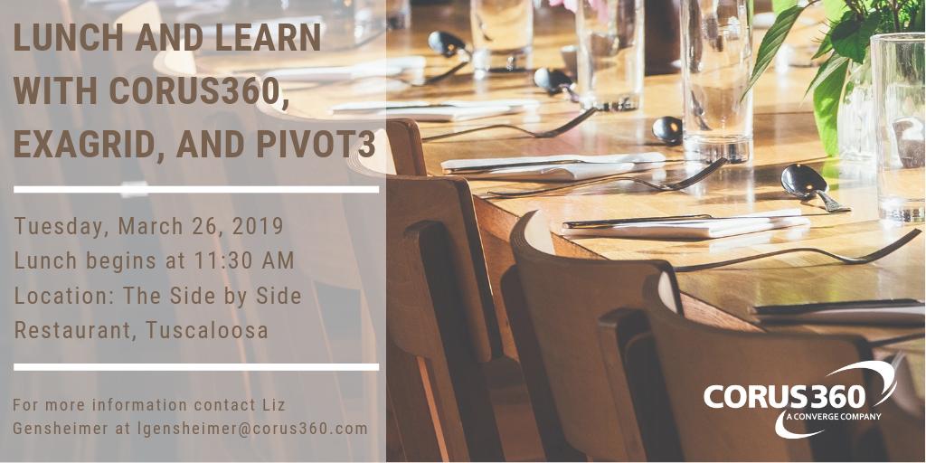 Corus360's tweet photo. Please join @Corus360, @ExaGrid, and @Pivot3Inc at The Side by Side Restaurant in #Tuscaloosa, AL to learn about #hyperconverged, #surveillancedata, and #virtualmachine backup. For more information, please email lgensheimer@corus360.com. https://t.co/Ts0e5l7Czq