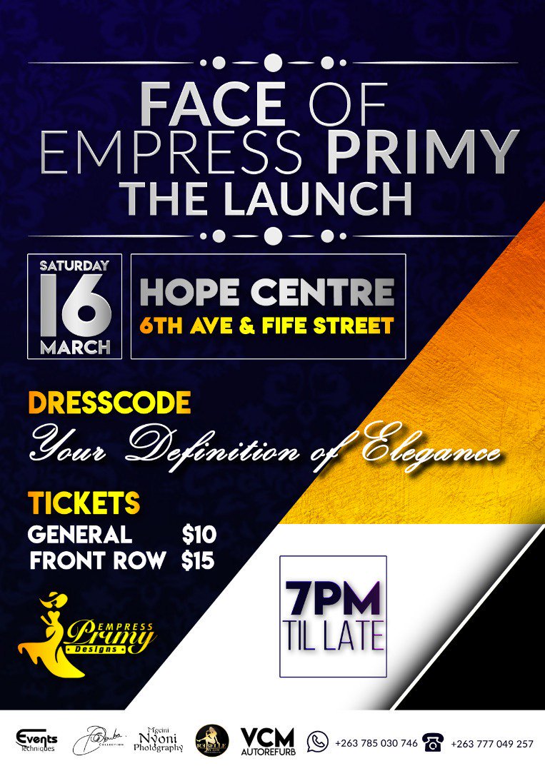 CulxureMag's tweet photo. Happening tomorrow in Bulawayo  @EmpressPrimy launches #FaceOfEmpressPrimy at Hope Centre. 

General Tickets $10 
Front Row - $ 15

⏰  7pm Till Late

#CulxureZw https://t.co/fsgVs8XWjR