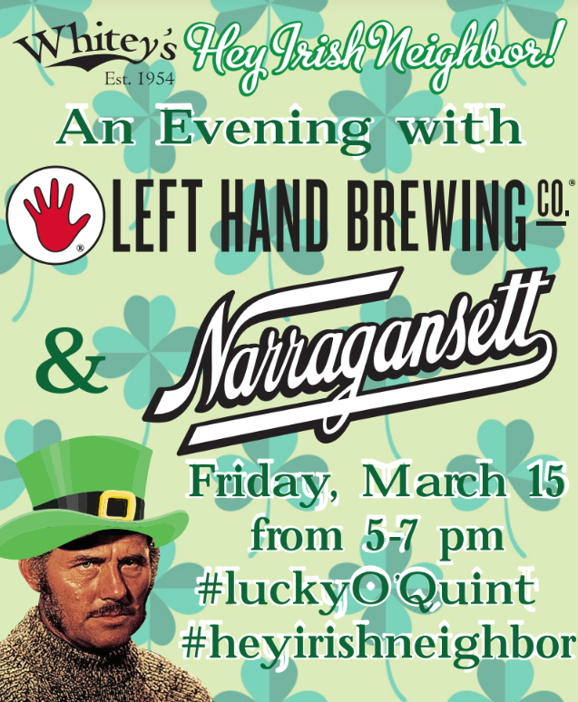 Gansettbeer's tweet photo. Feeling a little Irish? Come on out to @whiteysliquors and have an #IrishNeighbor! TONIGHT from 5-7pm! @legendsltd @gansettdan #HiNeighbor https://t.co/FH5CJkm53X