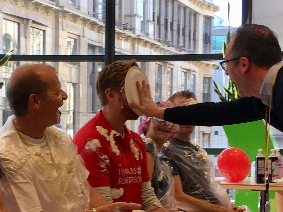PHennesseyIC's tweet photo. Hats off to the @hymansrobertson Glasgow Helping Hands team
and ‘pie the partner’ volunteers for a great day of #RedNoseDay fundraising for @comicrelief. Please consider donating too! https://t.co/K2T6091218