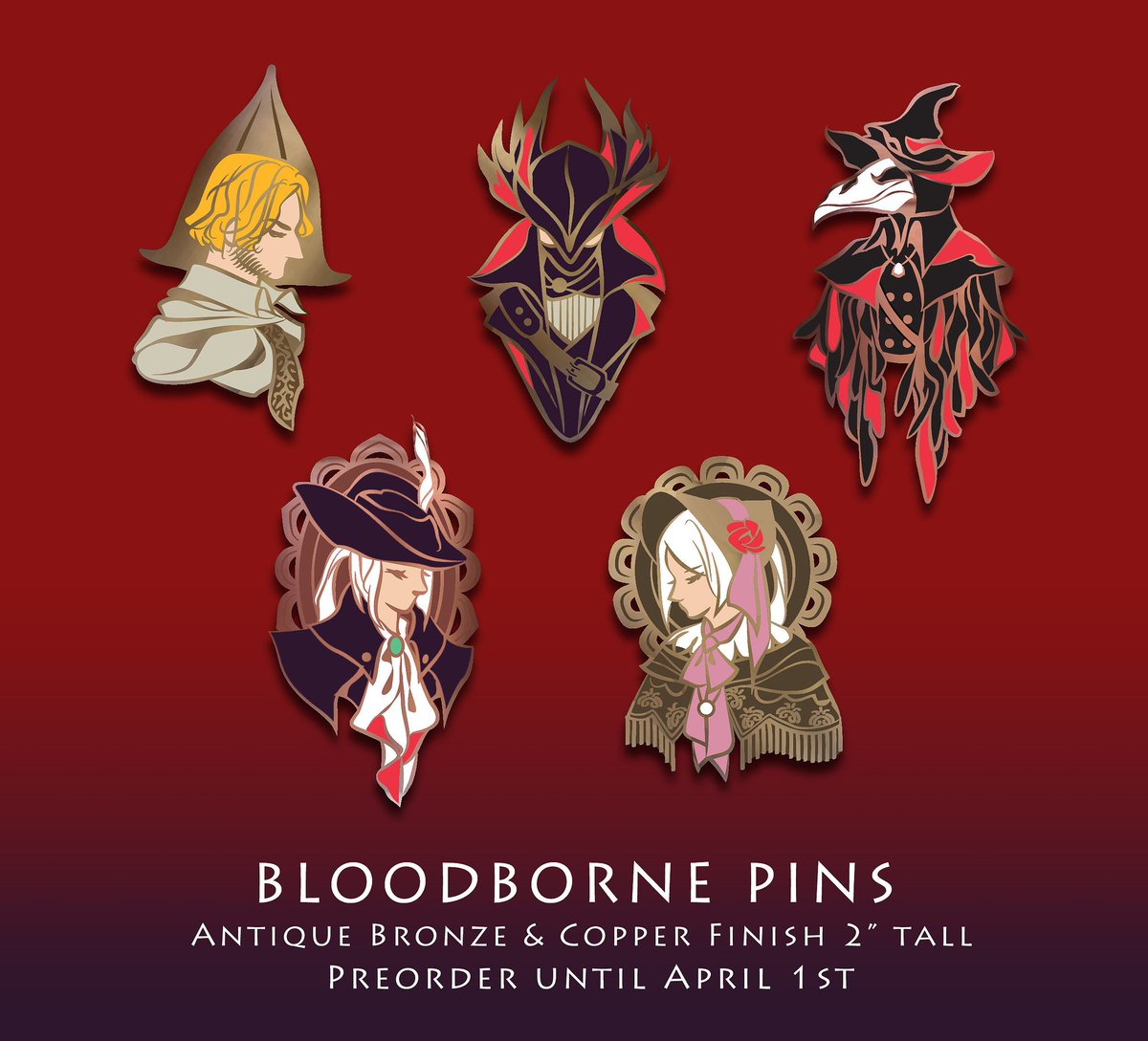cypritree's tweet photo. Store is open and Bloodborne pins are finally done! You can preorder them on the online store until April 1st! Orders will go out late April ❣  https://t.co/pslrMPLZG2 https://t.co/4Q9akxmZw2