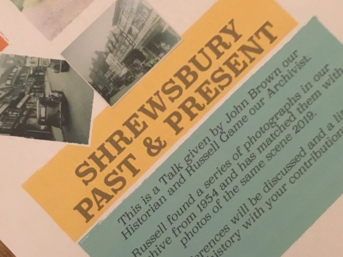 21 March 2019 at 7 p.m.
Shrewsbury Past and Present
A talk by our historian, John Brown, with slides showing how Shrewsbury has changed between 1954 and today
BOOK NOW ON EVENTBRITE eventbrite.com/e/shrewsbury-p…