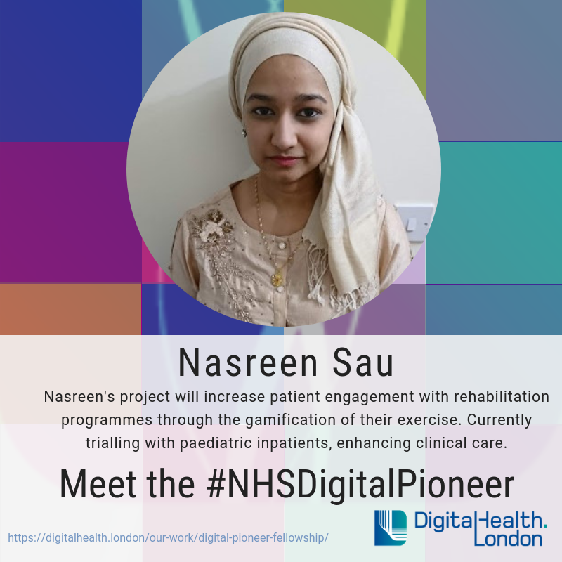 DHealthLDN's tweet photo. Friday's member of the 2019 cohort of the #NHSDigitalPioneer Fellowship Programme is @NasreenSau, a specialist physiotherapist at @RNOHnhs. Nasreen project is on #digitalisation of #rehabilitation. More: https://t.co/50LaySM6Ng @YMakinde1 @Ldn_ICHP @CernerUK @KingfisherCoach #NHS https://t.co/RXF5Ot3JEw