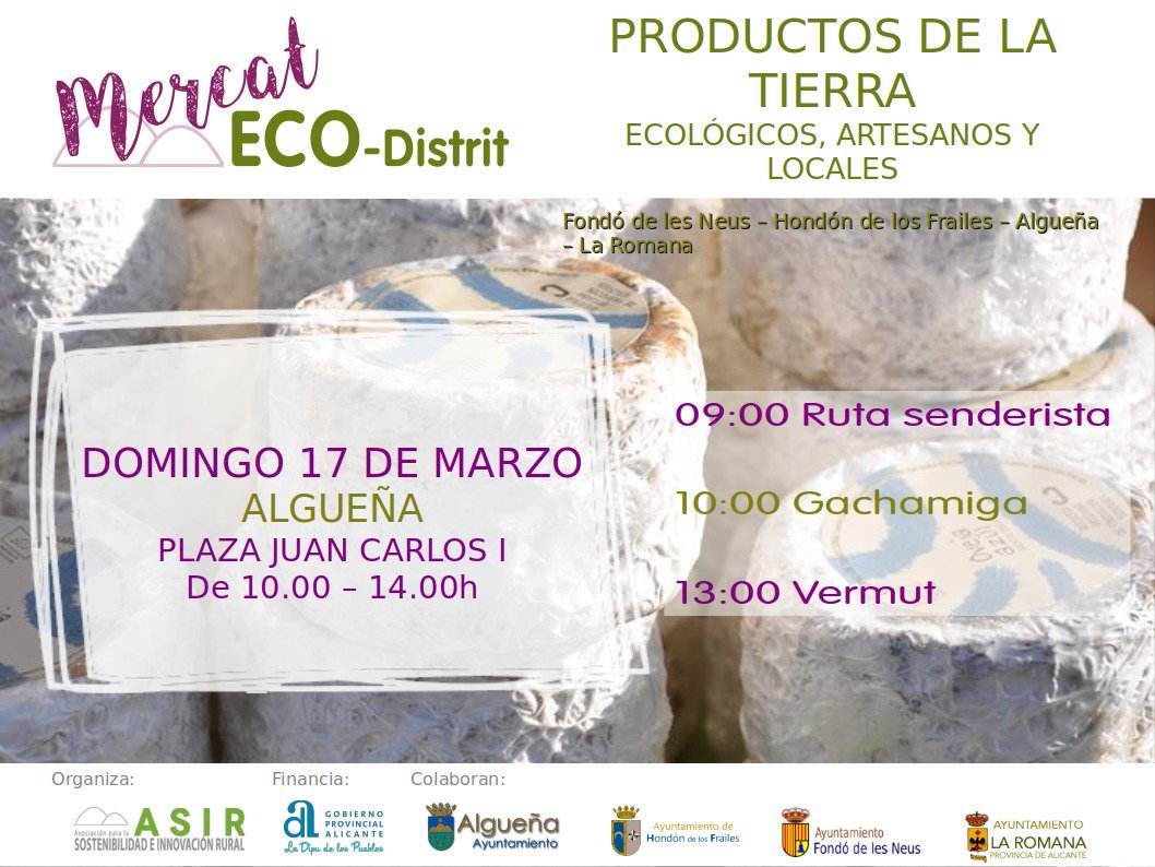 Aquest diumenge a l'Alguenya torna el mercat Eco-Distrit.
Ruta senderista, gatxamiga per a esmorzar, vermut del Celler Cooperatiu... i per descomptat els productes del mercat: ecològics, artesans, locals!
T'ho perdràs? de veritat?
Pensa local i compra local... i ecològic!