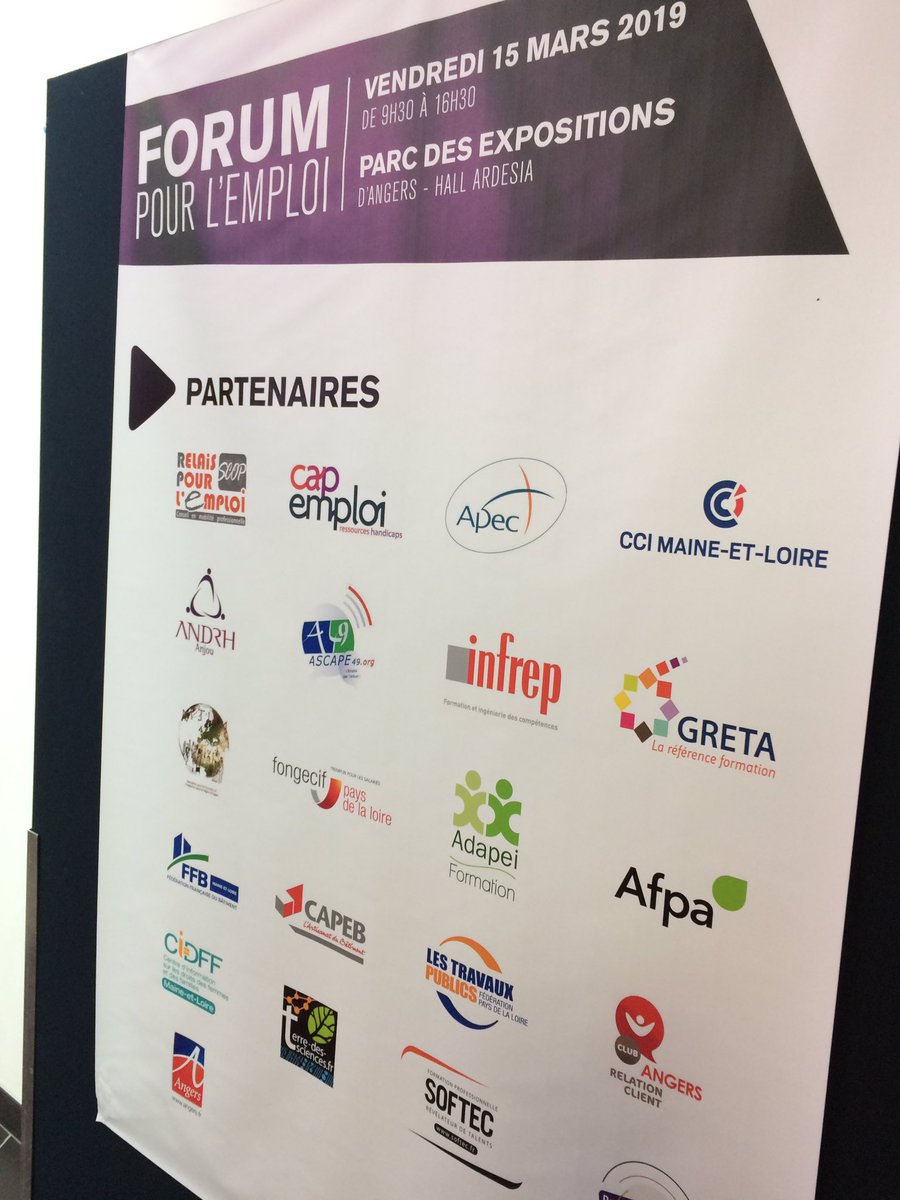 PaysdelaloireTP's tweet photo. La FRTP &amp; #TP49 sont heureux d'avoir participé au Forum emploi à @Angers #FPE2019 ! #VersUnMetier qui recrute grâce aux #GrandsProjets angevins avec @ChristopheBechu @laurentgerault  . Merci à @Angers_ALDEV @poleemploi_PDL https://t.co/sNM5q9tia4