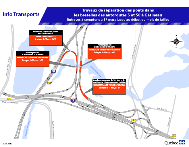 ville_gatineau's tweet image. 🚧  .@Transports_Qc annonce des entraves sur l'A-50 et A-5, dès le 17 mars jusqu'au moins de juillet. #Gatineau #Circulation #InfoTravaux