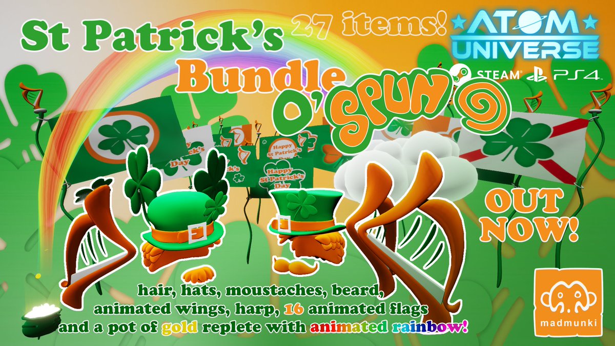 Spunland's tweet image. St Patrick's Bundle O'Spun out now on @AtomRepublic 27 items in all (not including m/f variations): hair, hats, moustaches, beard, animated wings, harp, 16 animated flags and a pot of gold replete with animated rainbow! #StPatricksDay #SpunForever