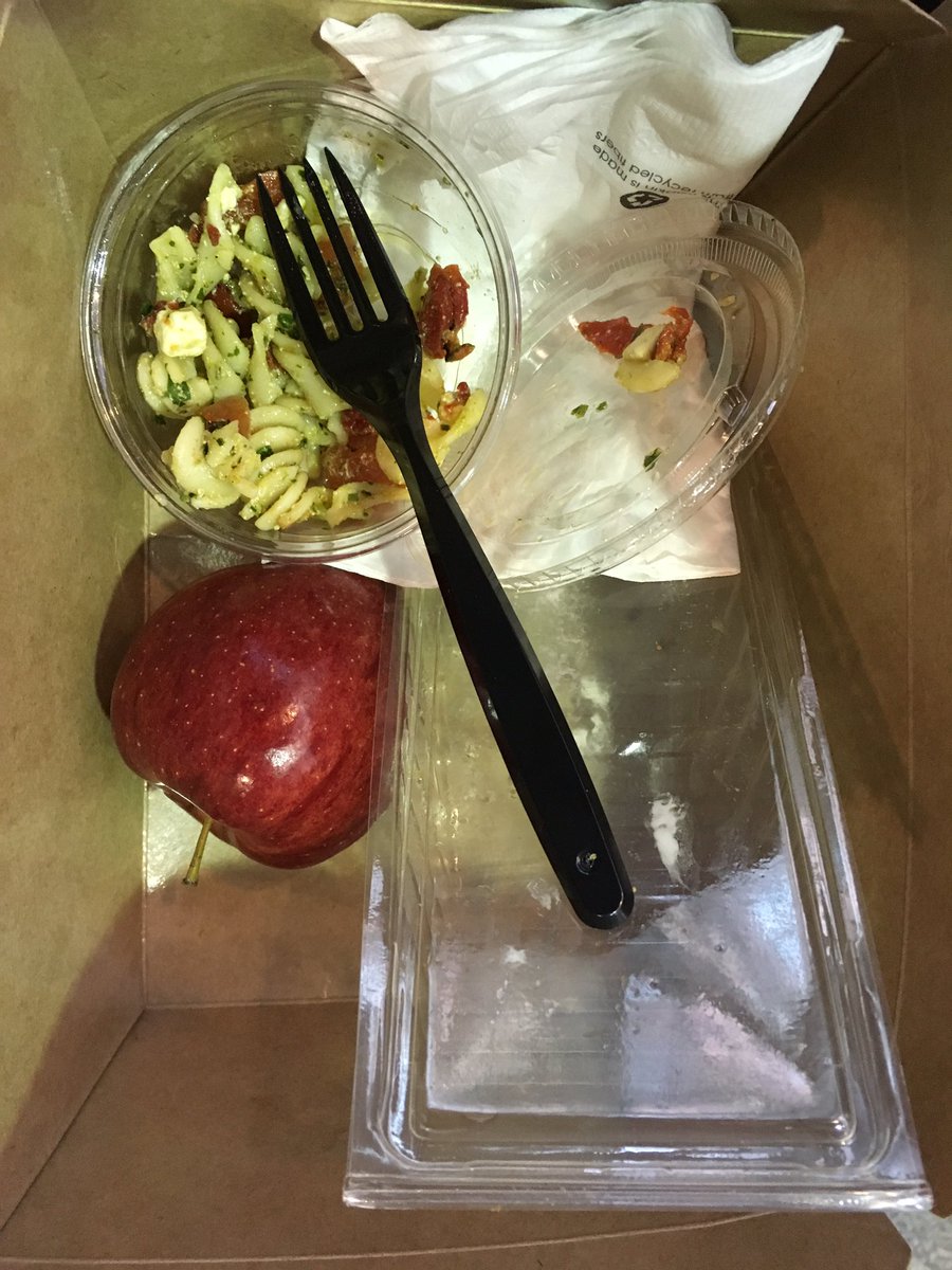 Shrewd_Kitty's tweet photo. Individual plastic packaging for sandwich, cookie, pasta inside wax lined box+individually packaged snacks+plastic cutlery+disposable cups. Heartbreaking amount of waste. 😢 @venture__out Can you pledge zero waste, zero plastic, zero carbon for 2020?#ventureout2019 #ClimateAction https://t.co/iSbl57MV9Z