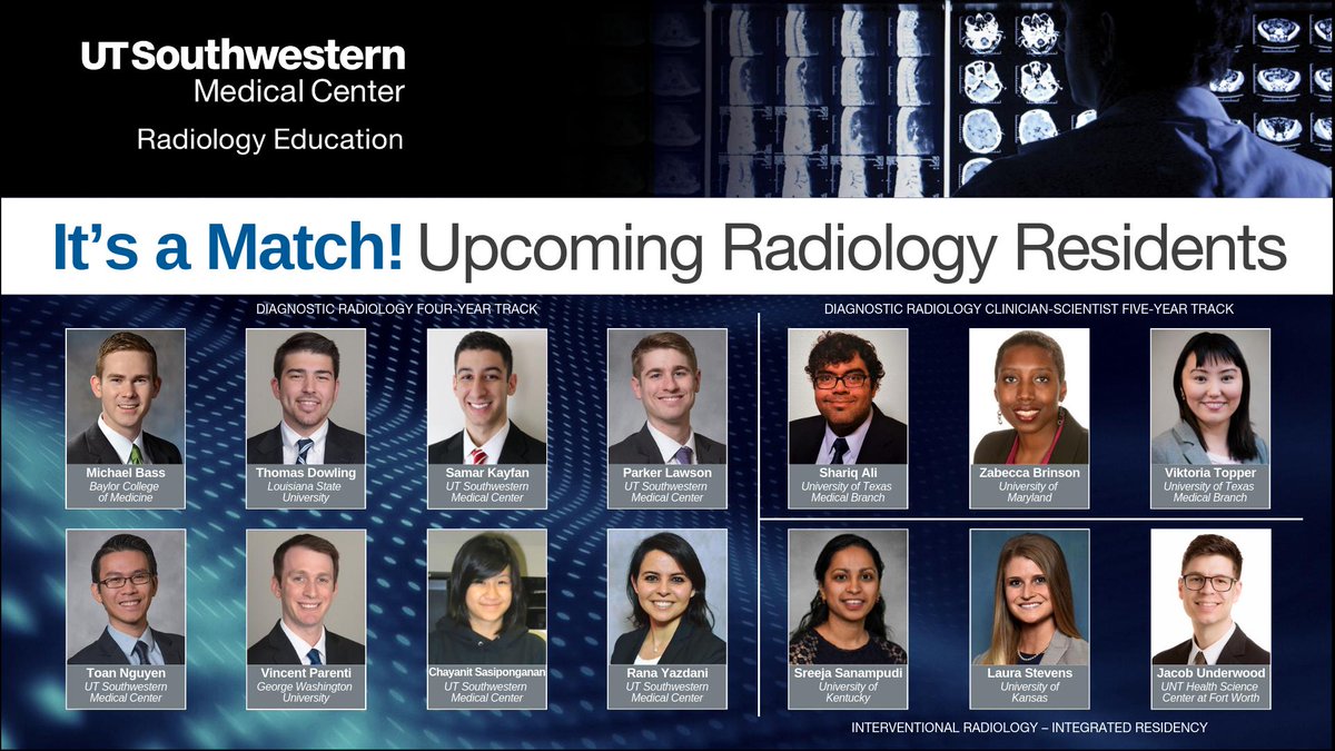 UTSW_Radiology's tweet photo. We congratulate those fine graduating medical students who matched UT Southwestern Radiology! We look forward to having you among us! #utswmatch2019 #match2019 https://t.co/D9kPL8bo5f