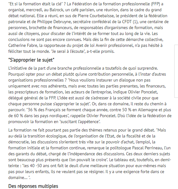 "La #Formation s’invite dans le #GrandDebat " par <a href="/AnneBariet/">Anne Bariet</a> <a href="/actuEL_RH/">actuEL-RH</a> 

👉 l'article: bit.ly/2F32isS 
👉👉 à venir très prochainement la restitution du #GrandDebatFormation

@FedeFormPro_FFP  <a href="/cfabreAN/">Catherine Fabre</a> <a href="/pascalperrinea1/">Pascal PERRINEAU</a> <a href="/phdebruyne/">Philippe Debruyne</a> <a href="/PCourbebaisse/">Pierre Courbebaisse</a> <a href="/GuillaumeLabbez/">Guillaume_Labbez</a>