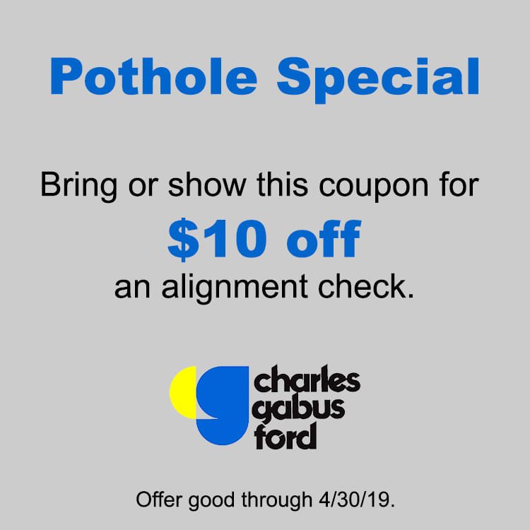 gabus_ford's tweet photo. Geesh! We can't remember a year with more potholes wreaking havoc on cars and trucks. 

Call our service department for an alignment check at 877-873-1561 to take advantage of our Pothole Special. Bring or show the coupon for $10 off. https://t.co/ZCieNnGpN2