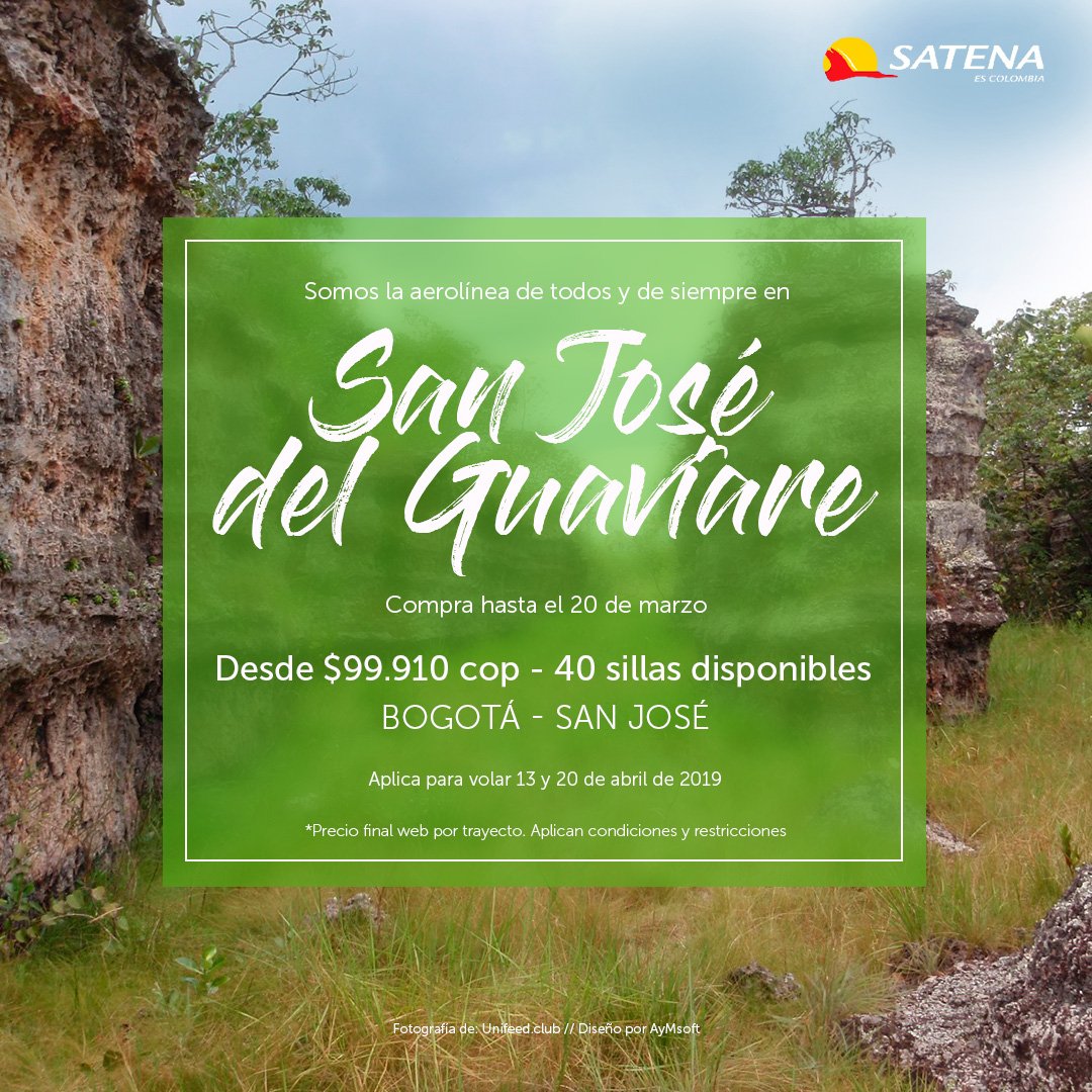 AerolineaSatena's tweet photo. Que esperas para comprar esta super #TarifaPromo. Vuela entre #Bogotá y #SanJoséDelGuaviare desde $99.910 precio final web por trayecto. Ingresa y compra en https://t.co/QoFJjCChaf https://t.co/mc2kqAJiYq