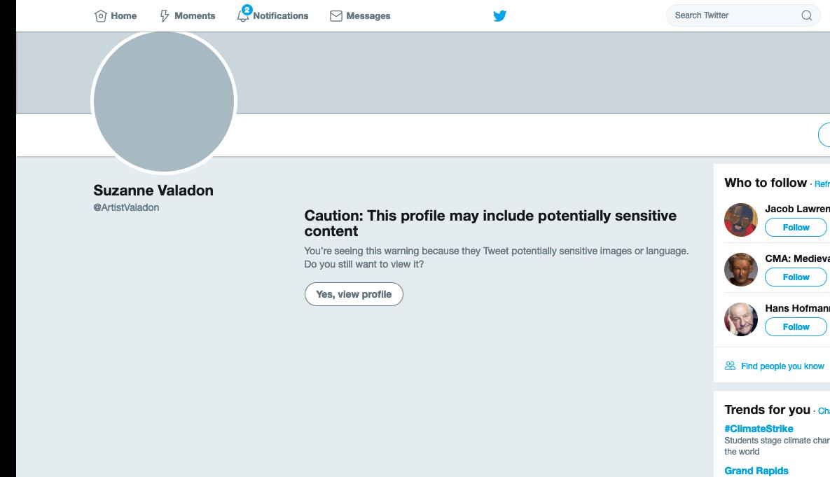 netwelders's tweet photo. @andreitr @ArtistValadon Maybe it's cause @twitter has put, or required, this warning on her account? 
I've never seen a warning like this at museums. Justice Potter 'I know it when I see it' Stewart would be aghast that @twitter mandates this. 
He'd also be fan of @andreitr's artbots!

@twitter fix this https://t.co/JkF0yYbKQy