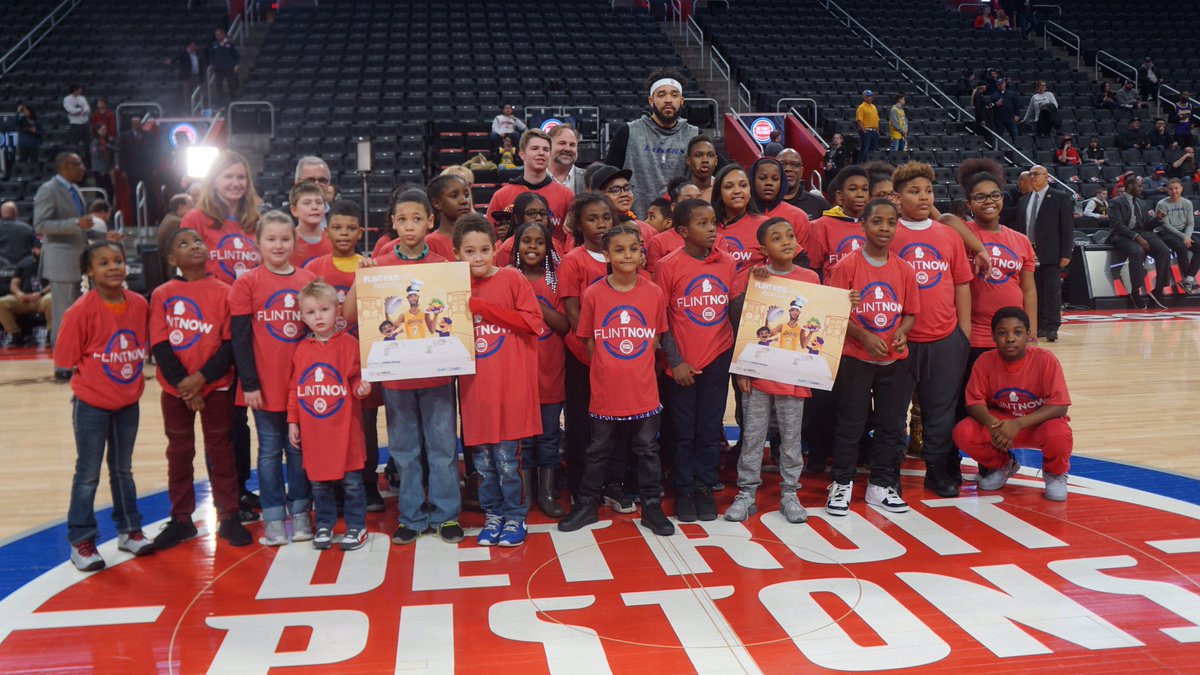 DetroitPistons's tweet photo. Dre, Blake and Flint natives Kyle Kuzma and JaVale McGee meeting with children from @UWGeneseeCo that the #Pistons and @FlintNow are hosting at tonight's game 

#ThisIsWhyWePlay #NBACares @TheNBPA https://t.co/oFirbLDHwC