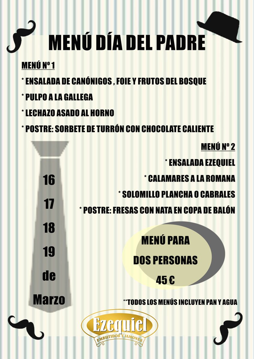 Padre no hay más que uno y qué mejor regalo que disfrutar junto a él de nuestros menús del #DíaDelPadre. Dos menús a elegir para celebrar un día tan especial. ¡Ven a celebrarlo con nosotros!

🗓 Desde el 16 al 19 de marzo
☎️ 987598497
📧 reservas@embutidosezequiel.es
