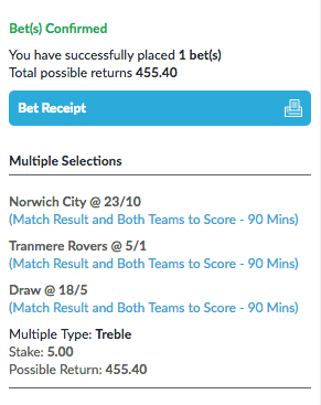 mrfixitstips's tweet photo. 💰 This weekend's #TwitterTreble pays £455.40 for a fiver.
Result & BTTS
⚽️ Norwich
⚽️ Tranmere
⚽️ Forfar v Raith - Draw
↩️ Follow & RT for the chance to win the betslip.
Add the bet direct to your own betslip here 👇
https://t.co/LSfGvgq5xZ
(18+. T&Cs apply. Be GambleAware) https://t.co/UaJUyQsTyt